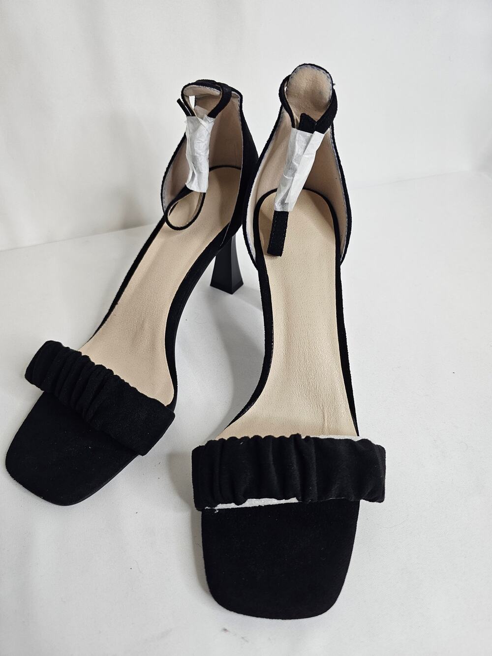 W-10 Black Square Open Toe‎ Faux Suede Ruched Flared Midi Heel